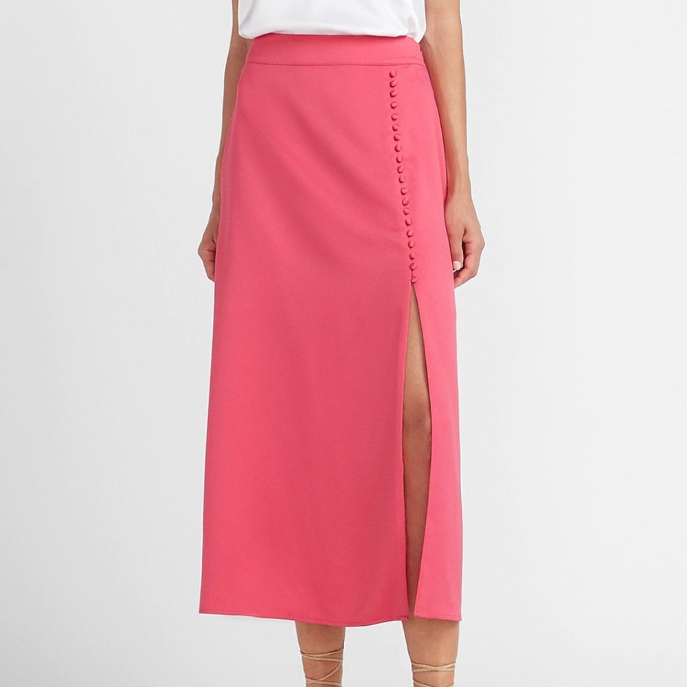 Express Coral Midi Skirt with Side Slit and Button Detail
